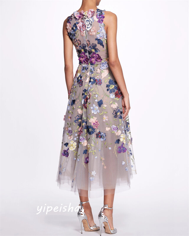 Gaun acara Midi kerah tinggi model A-line untuk malam Formal bermanik bunga Tulle kasual seksi gaun acara Bespoke