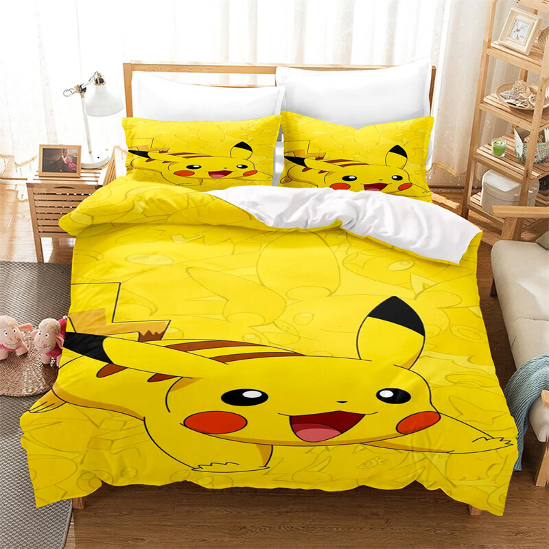 3D Print Pikachu Down Bedding Set para crianças, capa de edredão, impresso multicolor, tamanho completo, decoração do quarto adolescente