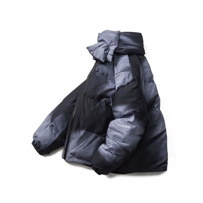 Japońskie modne męskie parki czarny Gradient zagęszczony pikowana kurtka odpinany ciepły kołnierz szalik luźno dopasowane płaszcz odzież Unisex