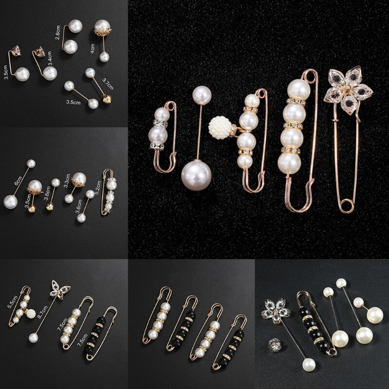 Pin Pengaman Manik-manik Mutiara Imitasi Mengkilap untuk Perhiasan Berlian Imitasi Bros Kemeja Gaun Kardigan Kerah Sweter Syal