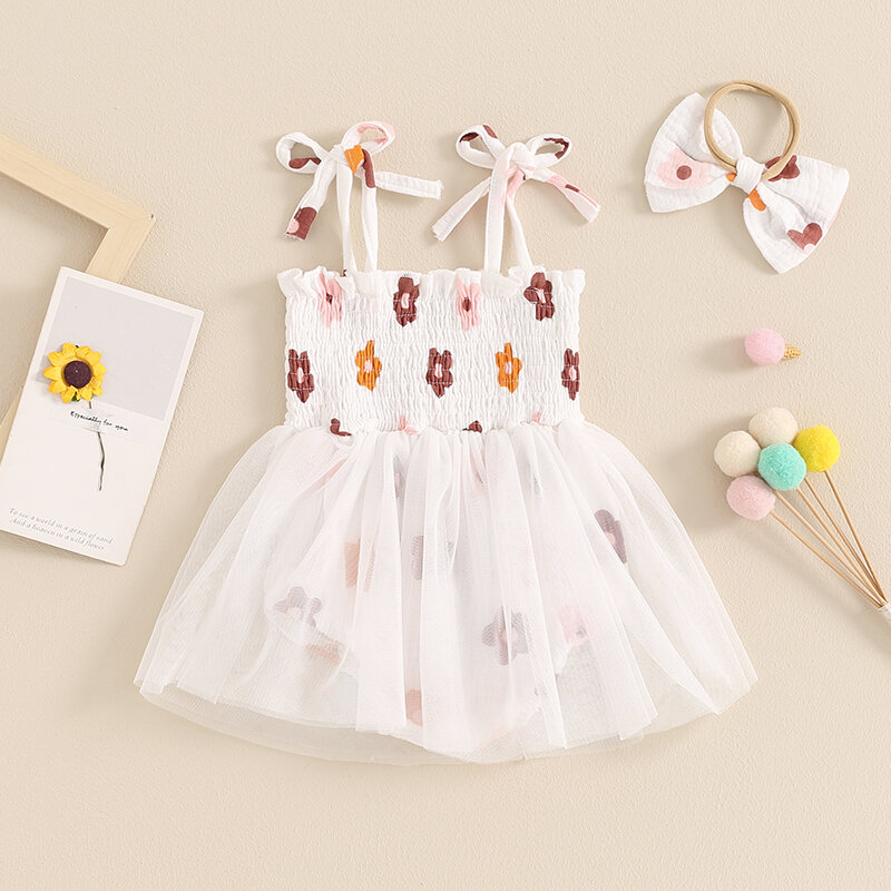 2024-03-14 Lioraitiin Baby Girl Bodyuit Dress Flower Print Sleeveless Mesh Tulle Skirt Hem Infant Summer Jumpsiuit with Headband