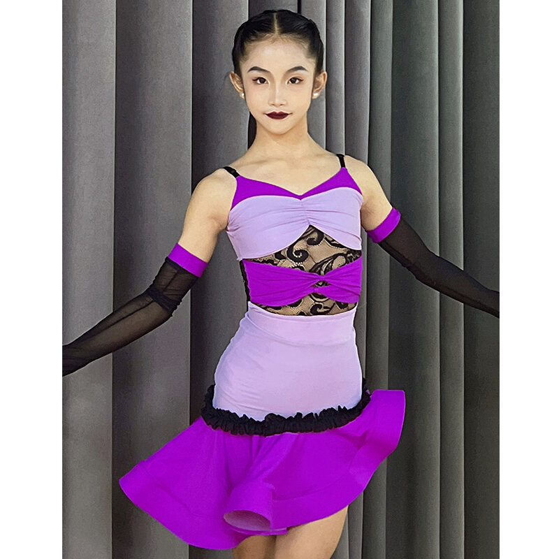 Vestido de dança latina com renda roxa para meninas, traje para Cha Cha Ballroom, vestido de competição infantil, Latin Practice Wear, DNV20352