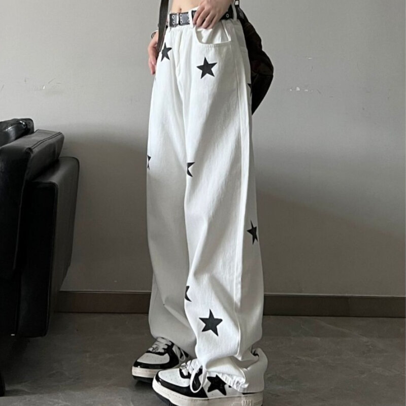 Star Printed Jeans Women High-waisted Thin Loose Straight Full Length Casual Trousers High Street Versatile Denim Pants Female