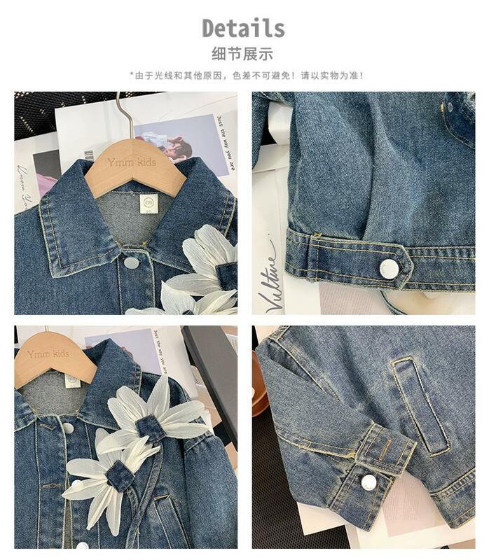 Jaqueta jeans para meninas de 2 a 7 anos, jaqueta jeans com design de renda bonito, roupas ao ar livre, nova moda
