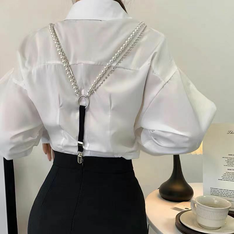 Pearl Chain Suspenders Belts for Women Rhinestone Strap Shirt Decoration Duck-Mouth Clip Outwear Suspenders Jewelry Gift