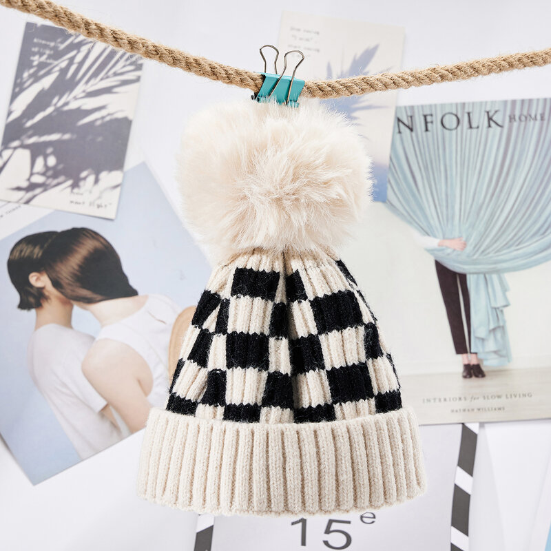 Winter Children'S Knitting Pullover Cap Little Boy and Girl'S Two-Color Checkerboard Wool Pompon Decorative Windproof Warm Cap