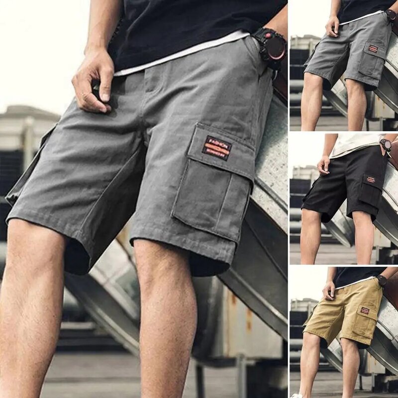 Shorts de carga soltos para homens, cor sólida, multi bolsos, cintura média reta, secagem rápida, até o joelho