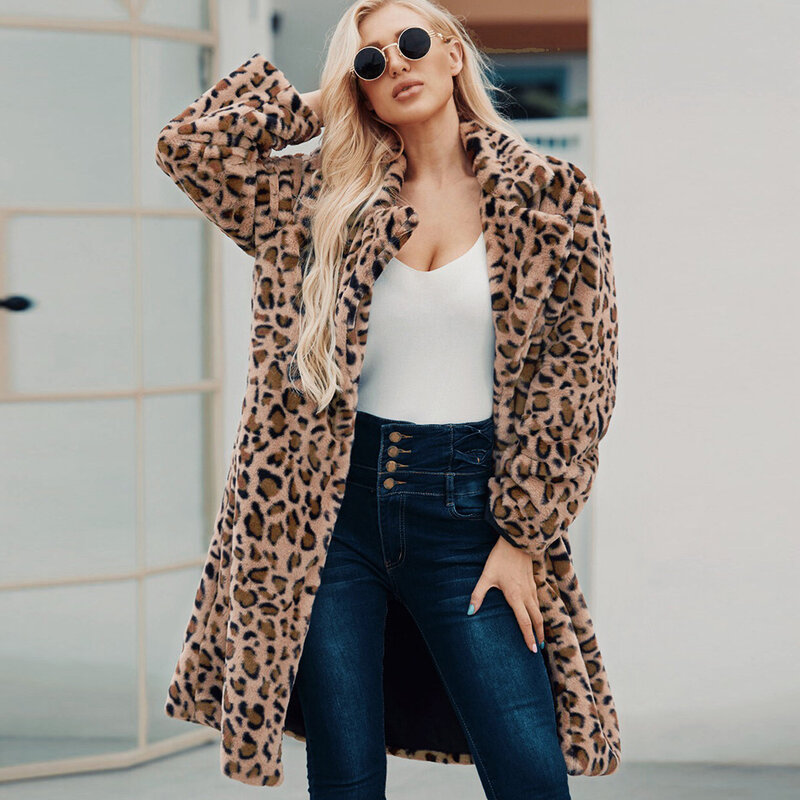 Europe and The United States Fashion New Long Leopard Print Suit Collar Imitation Fur Coat Women's Casual Coat Faux Fur