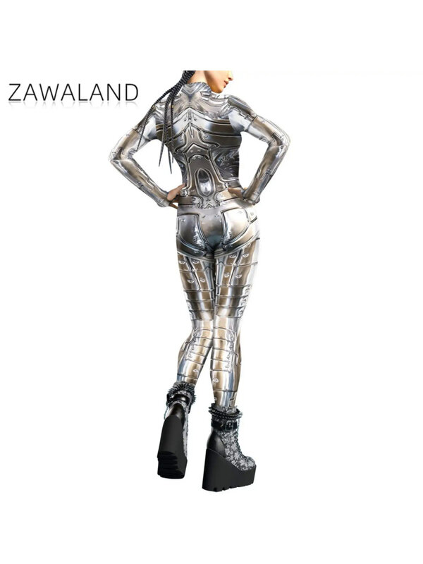 ชุดจั๊มสูทคอสเพลย์หุ่นยนต์พังค์สำหรับผู้หญิงชุดฮาโลวีนชุดบอดี้สูทลายพิมพ์พื้นผิวสีสันสดใส