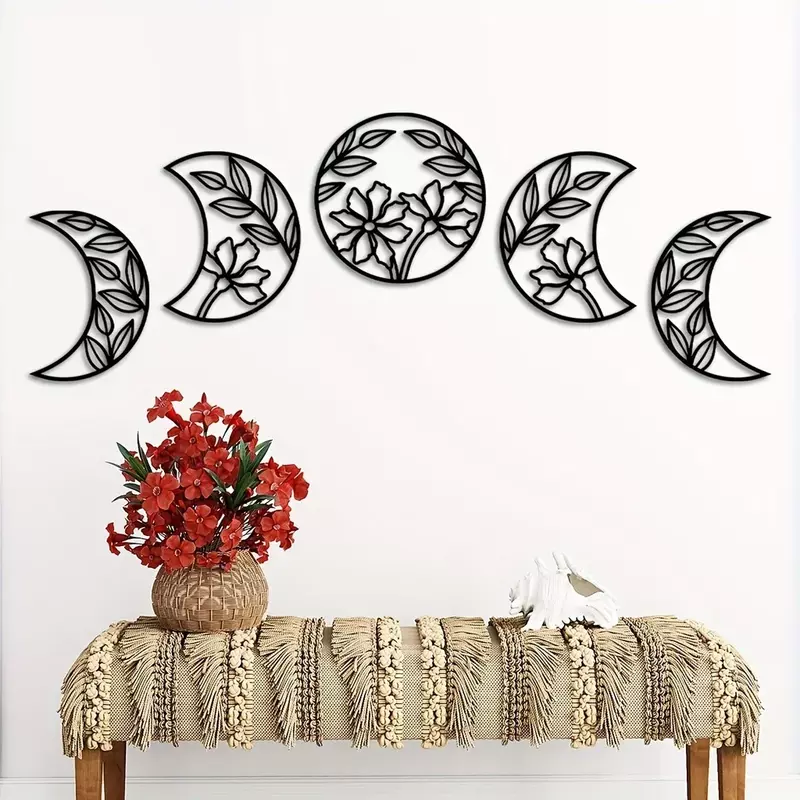 Décor mural en métal avec fleur et cuir chevelu, 5 pièces, phase de lune, art de la maison, décoration nordique, ornement mural de salon