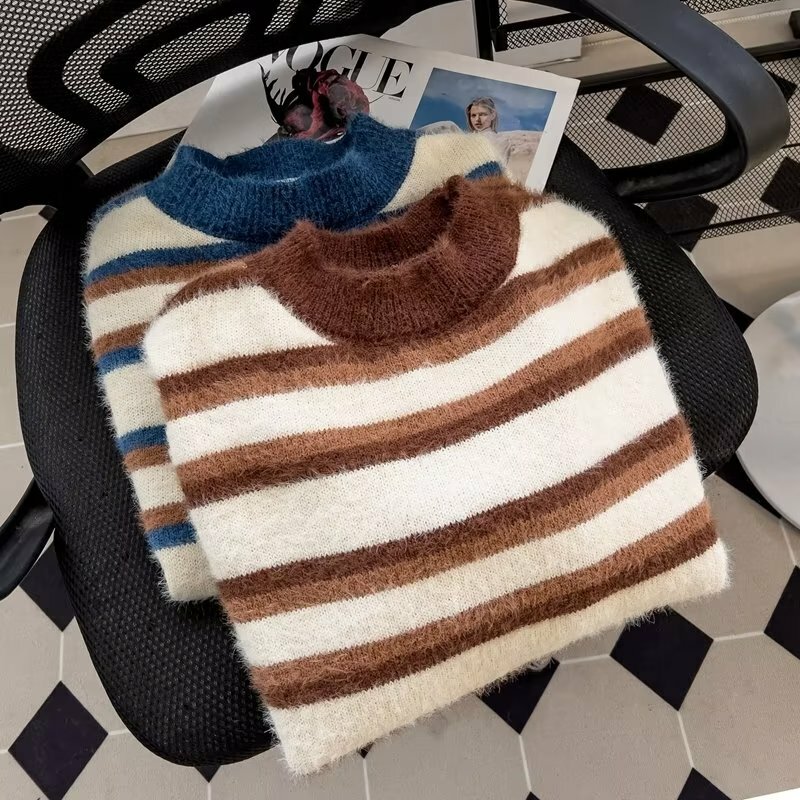 M-3XL Plus Autumn and Winter Striped Patchwork Pattern Sweater for Men Casual Streetwear Versatile Korean Style Sweater Jacket