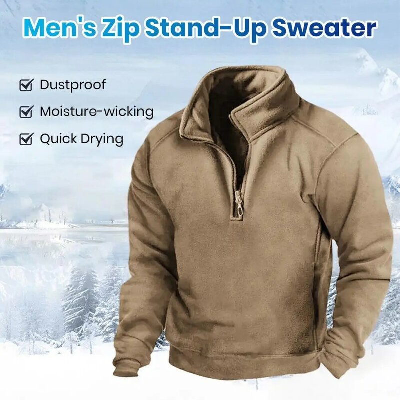 Men Sweatshirt Windproof Men's Outdoor Hunting Sweatshirt with Zipper Half Placket Warm Pullover Tops for Autumn Winter Warm