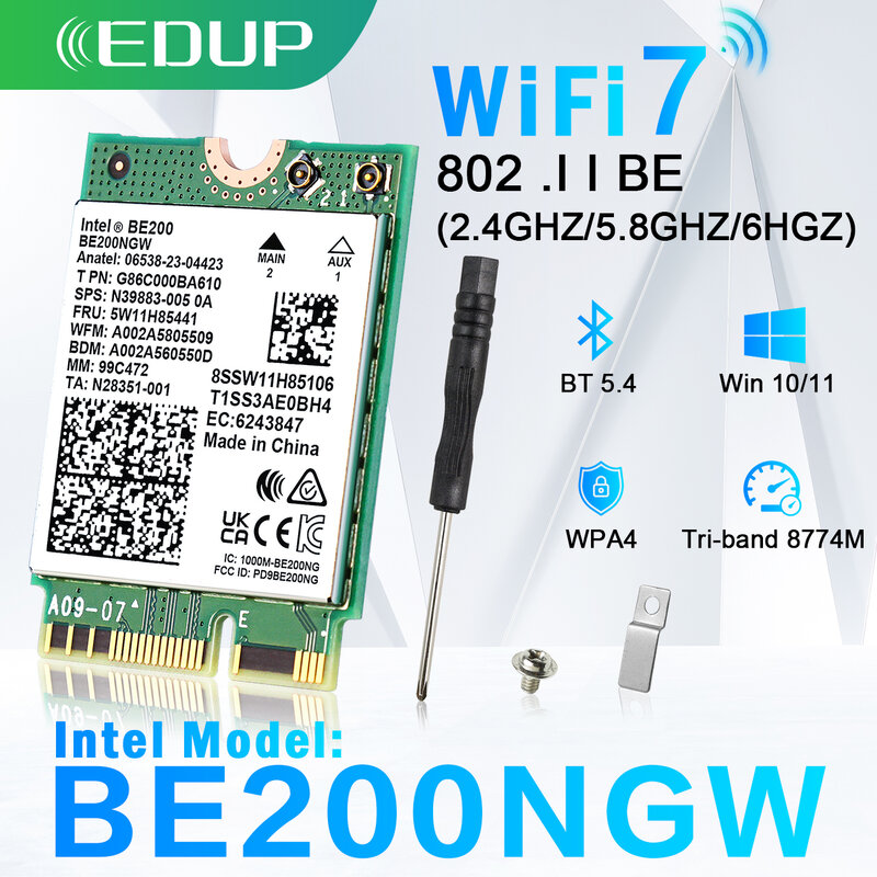EDUP 블루투스 5.4 트라이 밴드 무선 어댑터, 와이파이 7 인텔 BE200 네트워크 카드, 8774Mbps, 2.4G, 5G, 6GHz, BE200NGW, M.2 NGFF
