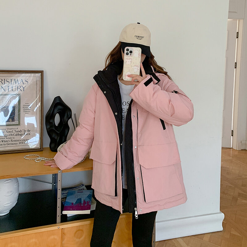 Koreanische Mode Mädchen Wind jacke Kapuze Winter warmen Mantel lose Design mit Seiten taschen Reiß verschluss nach oben
