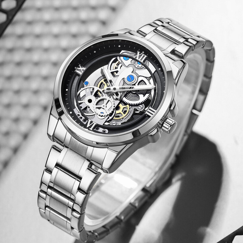 LIGE-الهيكل العظمي ساعة كوارتز للرجال ، ساعة اليد الذهبية ، ساعة ريترو ، العلامة التجارية العليا ، الساعات الفاخرة ، جديد