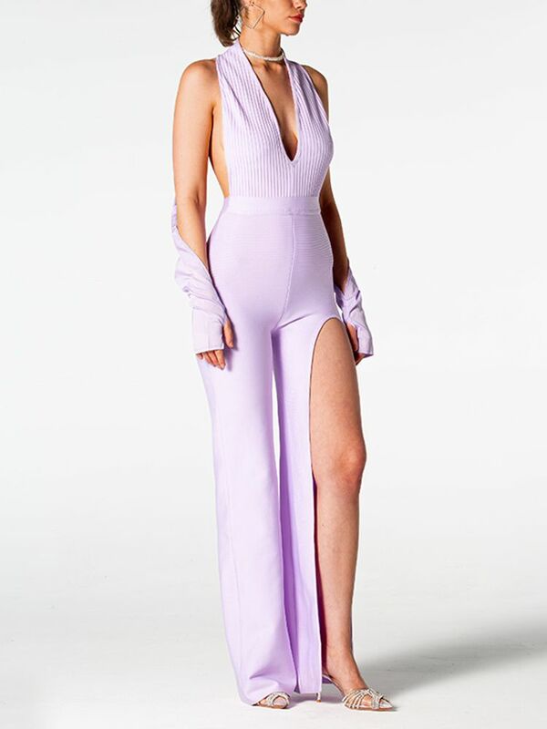 2023 Summer New Women's Sexy Open Back Tight Deep V-neck High Split Bandage Jumpsuit Elegant Celebrity Party Jumpsuit