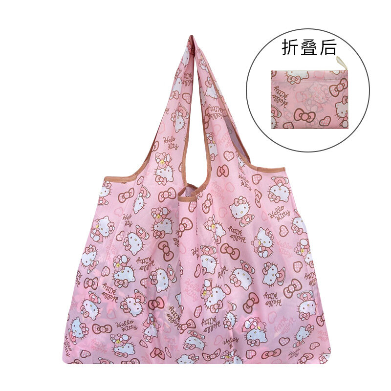 Sanrio Small Folding Shopping Bag Anime Hello Kitty Kuromi Melody Cinnamoroll Polyester Eco Bag Cartoon Shoulder Bag Handbag