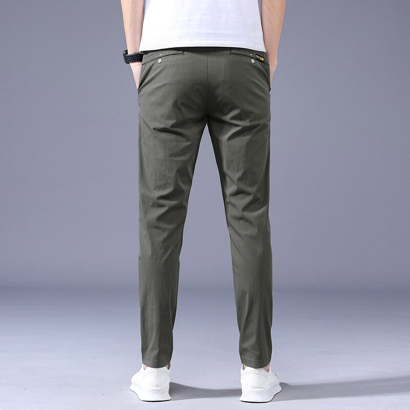 Business Thin Men's Breathable Pants Slim Straight High Elastic Slim Casual Pants Male Brand Clothing Khaki Gray Green Black