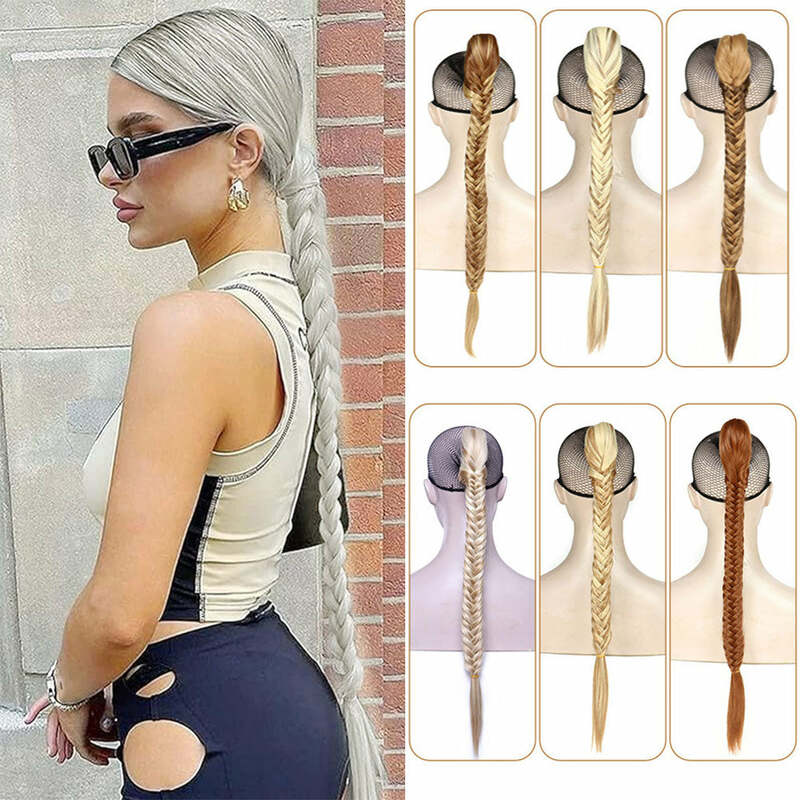 Synthetic Braided Ponytail Extensions Long Black Rubber Band Hairpiece Pony Tail with Hair Tie for Women High Temperature Fiber
