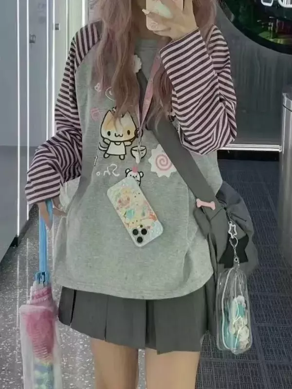HOUZHOU-Sudadera con capucha a rayas Y2k Harajuku Kawaii para mujer, sudadera con estampado de dibujos animados de retazos de moda japonesa, otoño 2023