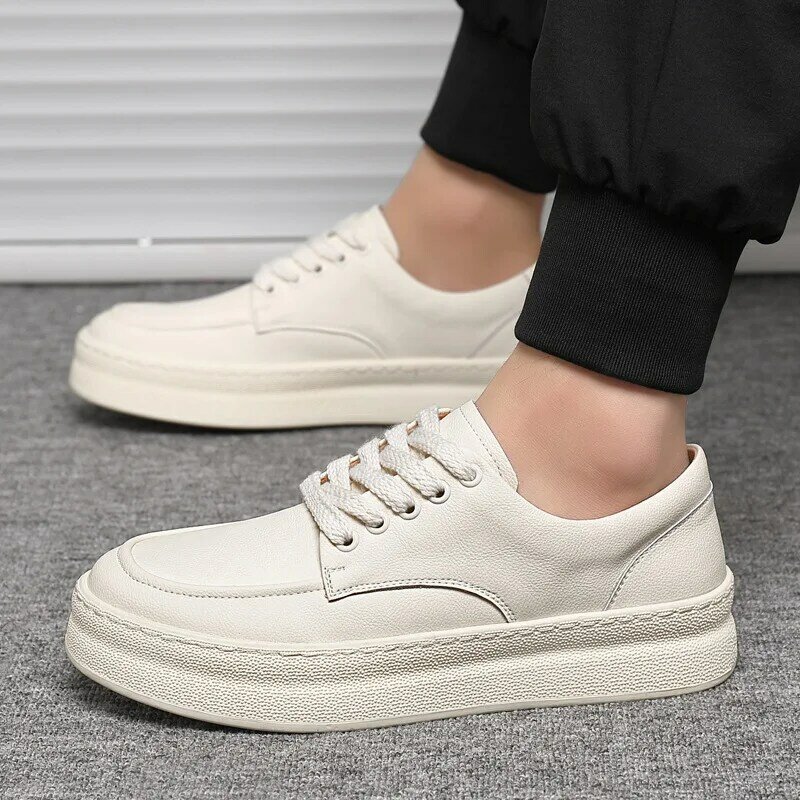 Koreaanse Stijl Heren Casual Zwart Witte Schoenen Met Veters Originele Lederen Platte Schoen Jeugd Straatplatform Sneakers Ademend Schoeisel