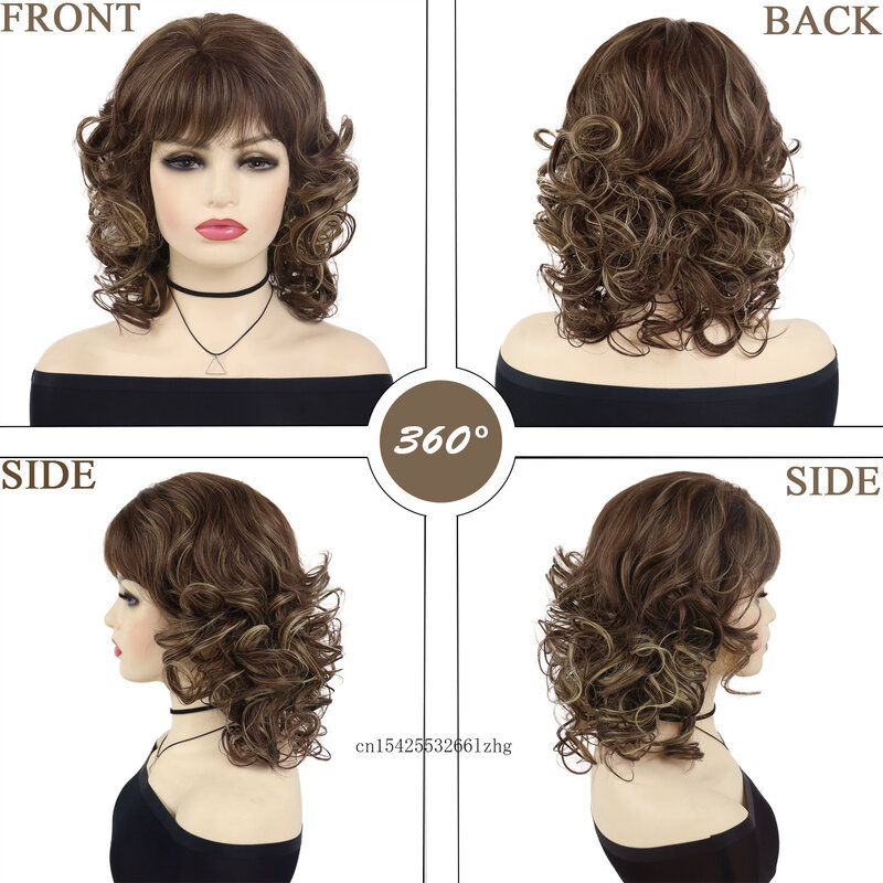 GNIMEGIL Synthetic Women's Curly Wig with Bangs Medium Mix Brown Fluffy Hair Elegant Female Wig Daily Cosplay Halloween Party