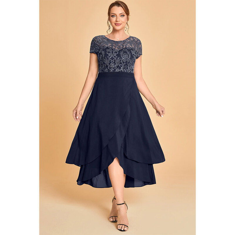 Plus Size Mother Of The Bride Navy Blue Chiffon Lace Crossover Hem Split Tea-Length Dress