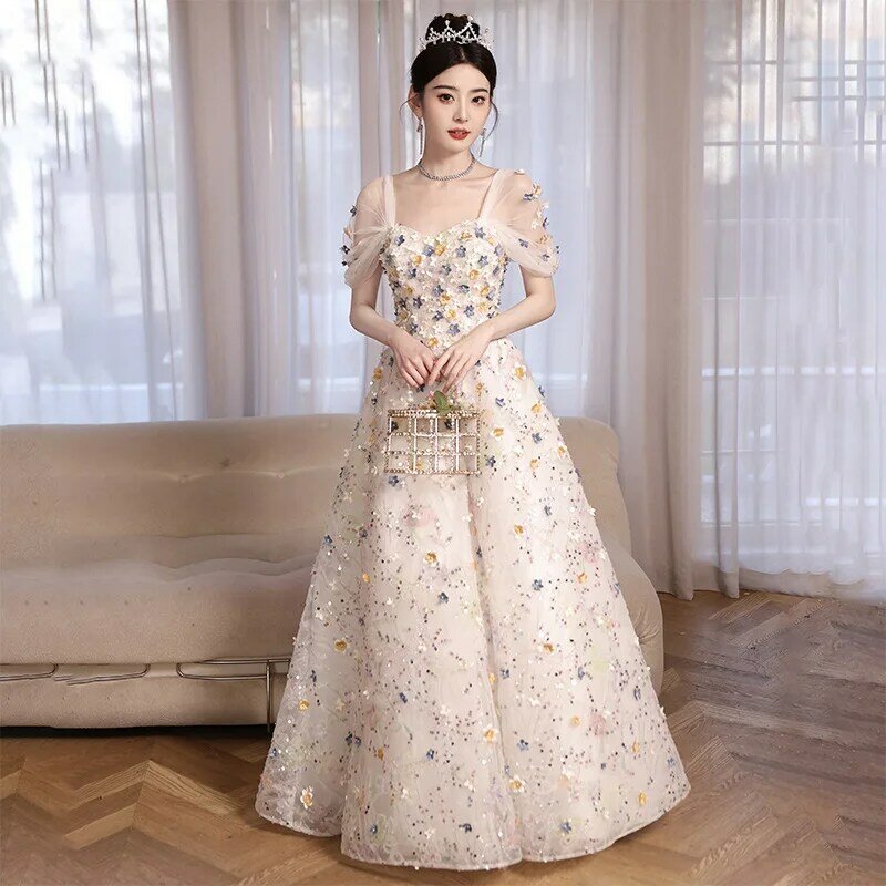 A 라인 이브닝 드레스 3D 꽃 반짝이는 무도회 생일 파티 가운, 공식 행사