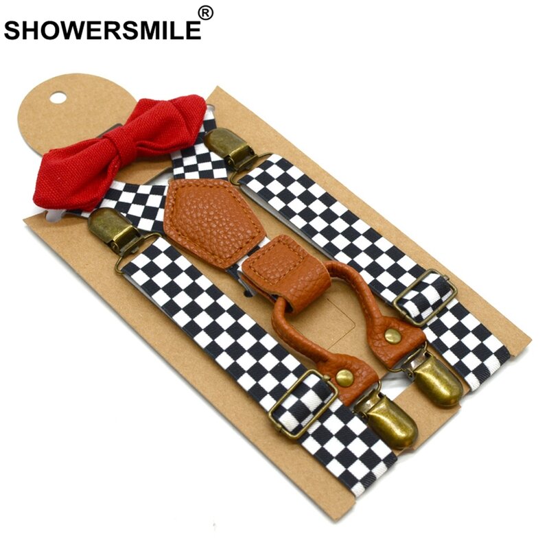 Showersmile Anak-anak Kotak-kotak Suspender Anak Laki-laki Suspender Formal Desainer Suspender Dasi Kupu-kupu Anak 4 Klip Kotak-kotak Anak Brace