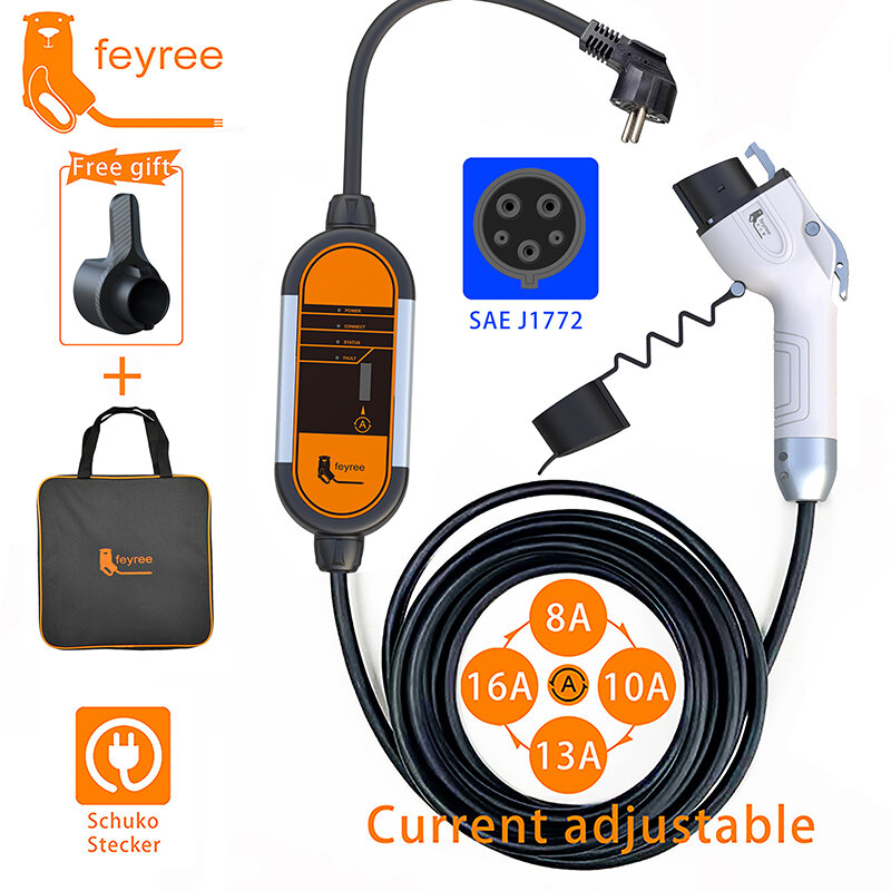 Feyree EV 휴대용 충전기 타입 2, 5m 케이블, 3.5KW 16A IEC62196 소켓, 단상 타입 1 j1772 소켓, 전기자동차용 슈코 플러그 포함