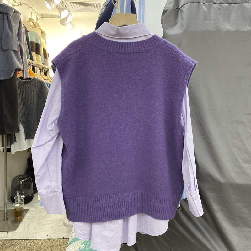 세트 여성 레트로 Streetwear 봄 가을 세련된 싱글 브레스트 셔츠 Preppy 스타일 솔리드 스웨터 조끼 Charm College Ladies Outfits