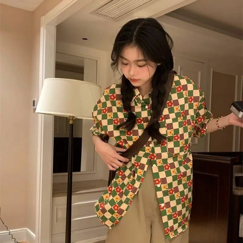 Checkerboard Shirt Korean Style Retro Post Pastoral Style Short-Sleeved Shirt Design New Summer Style Loose Shirt With Niche