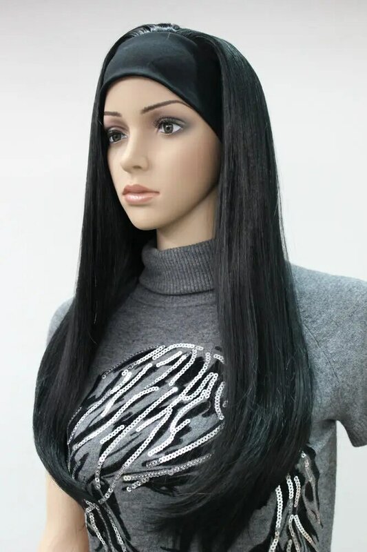 new 3/4 wig with headband black straight long women's half wigs hairpiece