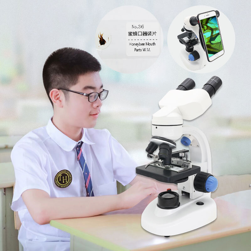 Microscopio binocular con luz LED, dispositivo educativo para estudiantes de ciencias biológicas, con zoom de 2000X, con clip para teléfono inteligente