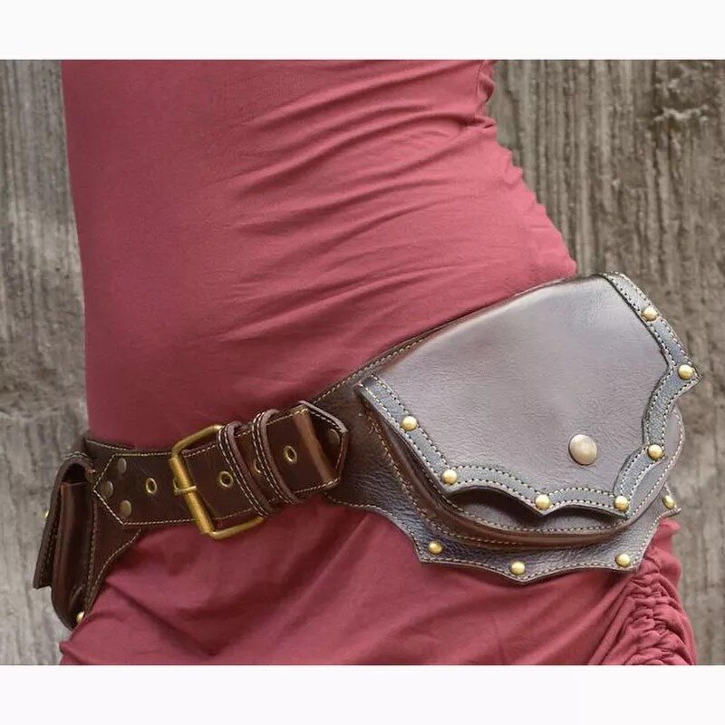 Abad Pertengahan Steampunk Pu kulit sabuk utilitas wanita Fanny Pack terpaku tas ganda saku olahraga luar ruangan tas pelindung pinggang