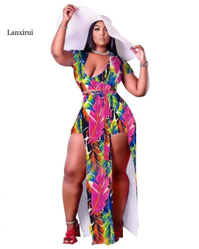 New Fashion Women's Short-Sleeved Printed Deep V-Neck Sexy Skirt Two-Piece Suit