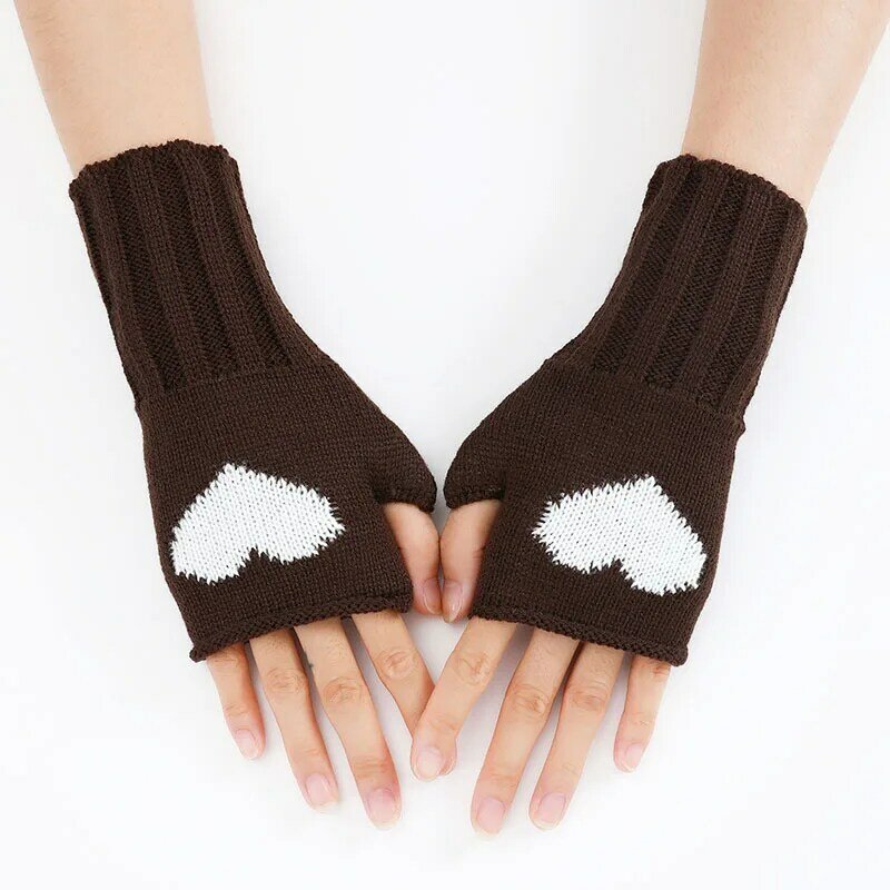 Sarung tangan setengah jari musim dingin untuk wanita gadis, sarung tangan melar hati rajut tanpa jari lembut hangat untuk rumah kantor