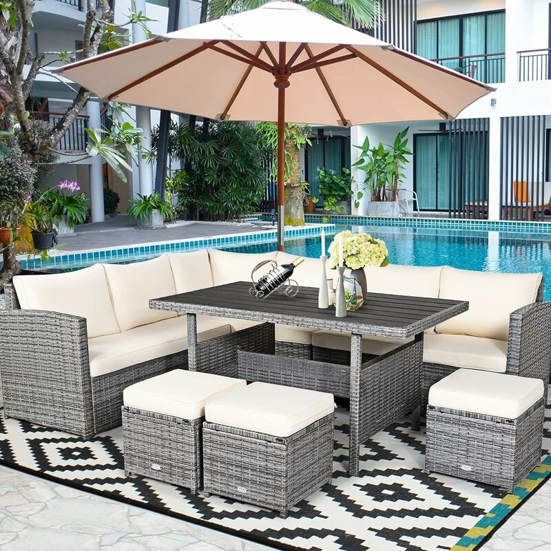 Patio Furniture Set,  All Weather Heavy Duty PE Wicker Sectional Sofa with Dining Table and Ottomans, Rattan Conversation Set