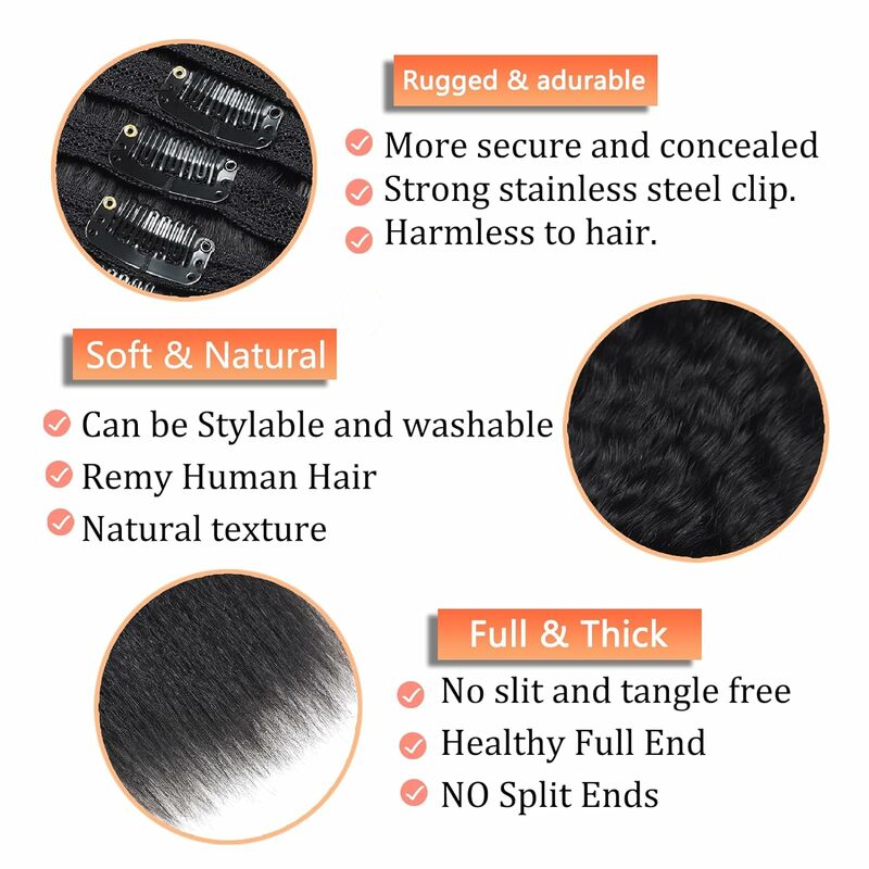 Extensions de Cheveux Humains Crépus et Lisses à réinitialisation, Vrais Cheveux Humains, Noir Naturel, Sans Couture, pour Femme