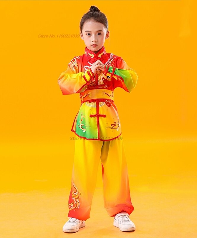 2024 Chinese Kinderen Kung Fu Wushu Uniform Kung Fu Shaolin Martial Arts Pak Dragon Print Sporttraining Oefenset