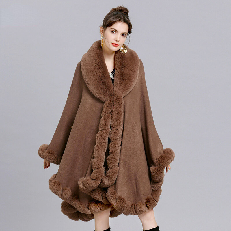 Mantel panjang kerah Turndown lebar wanita musim gugur musim dingin mantel bulu kelinci imitasi lembut mewah jubah selendang pesta panjang kardigan rajut