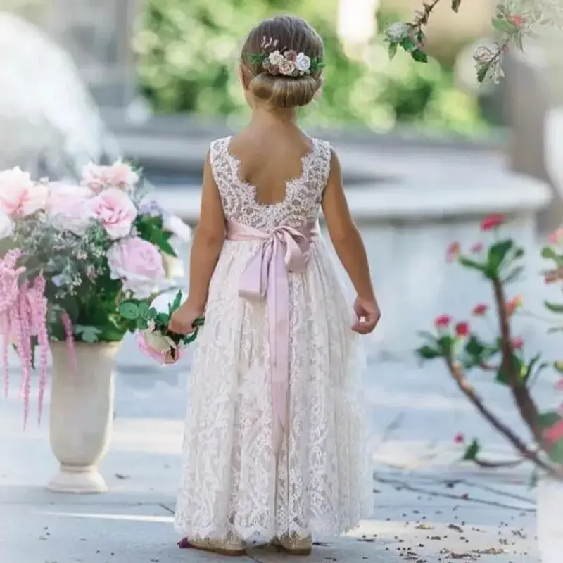 Dziewczęca sukienka w kwiaty koronka w kolorze kości słoniowej bez pleców różowa paskiem i kokardą dziewczynka przyjęcie urodzinowe wesele pierwsza komunia sukienka na wakacje