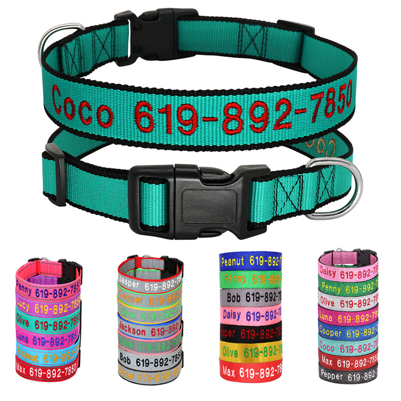 Collar bordado de nailon ajustable para Perro, accesorios de identificación personalizados para perros pequeños, medianos y grandes, suministros para mascotas