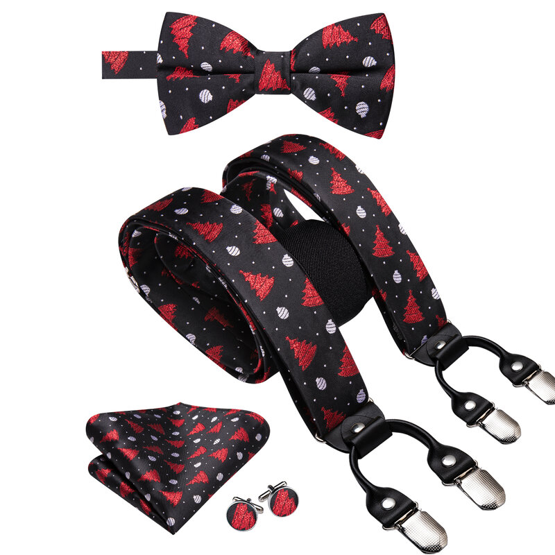 Hi-Tie Christams czarny czerwony jedwab męskie szelki moda bożonarodzeniowa wstęga krawat skórzany metalowy 6 klipów szelki szelek hurtowo