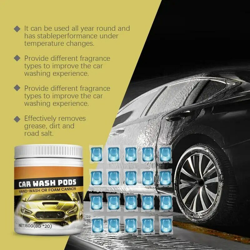 Car Cleaner Detergente Beads, Remoção de manchas, rápida dissolução, Car Wash, Mantém pintura olhando como novo, 20pcs