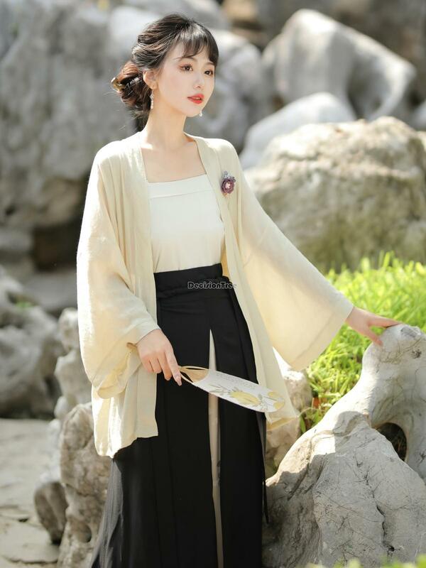Новинка 2024, китайская женская короткая рубашка в стиле династии песни ханьфу, улучшенный жилет, длинная юбка с принтом, повседневный комплект из трех предметов, s379
