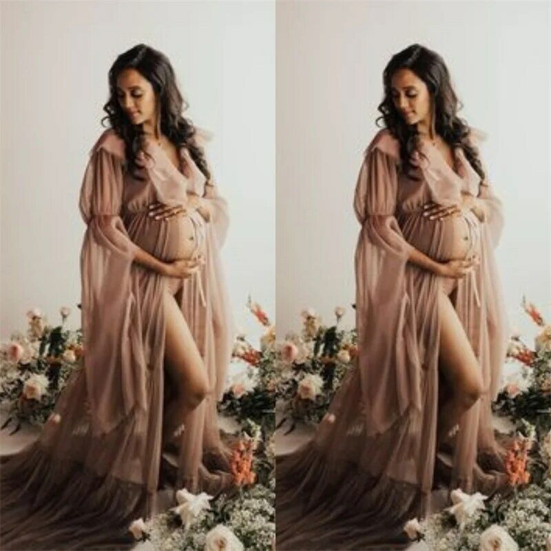 Gaun ibu hamil wanita sampanye untuk pemotretan kain Tule lembut seksi Split Baby Shower peri gaun Prom malam kehamilan disesuaikan