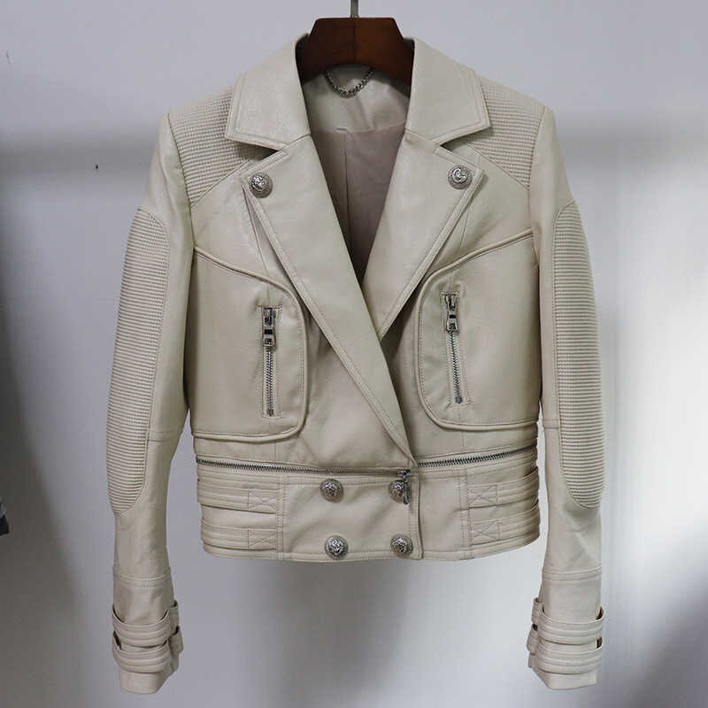 Luxury Brand Design 2023 nuova moda donna giacca in vera pelle cappotto moto Biker bianco nero Slim Fit Outwear oversize