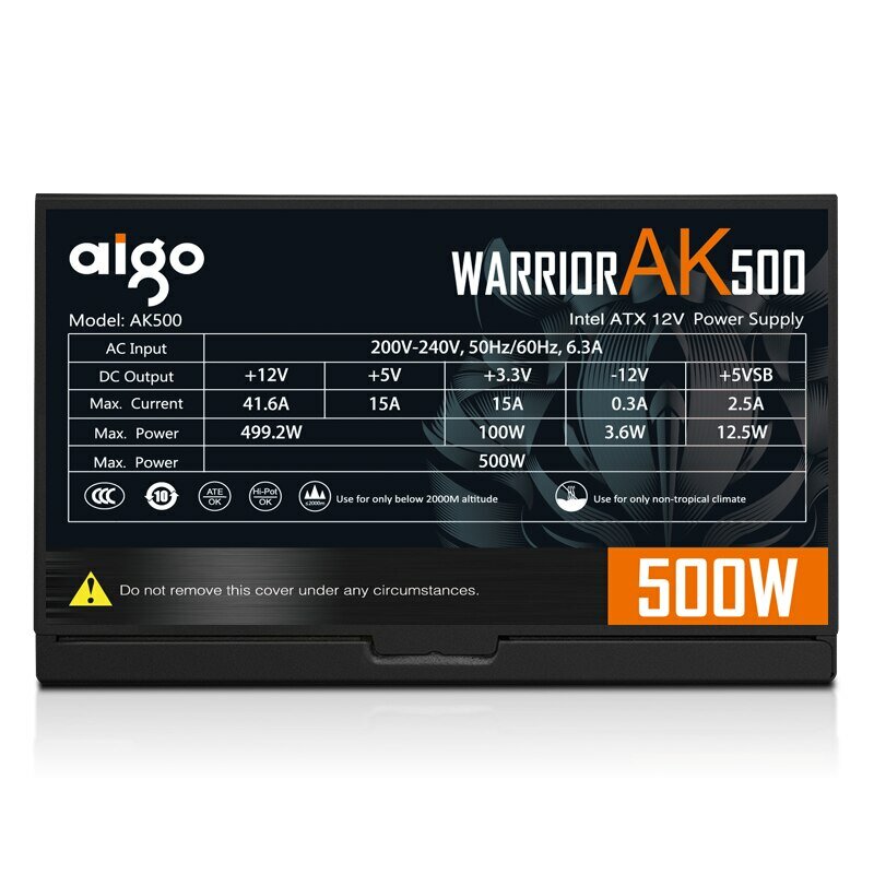 Aigo-AK Fonte de Alimentação para PC, Black Gaming, Quiet, 120mm, RGB Fan, 24Pin, 12V, ATX, Desktop, Computador, Fonte de Alimentação para BTC, 500W