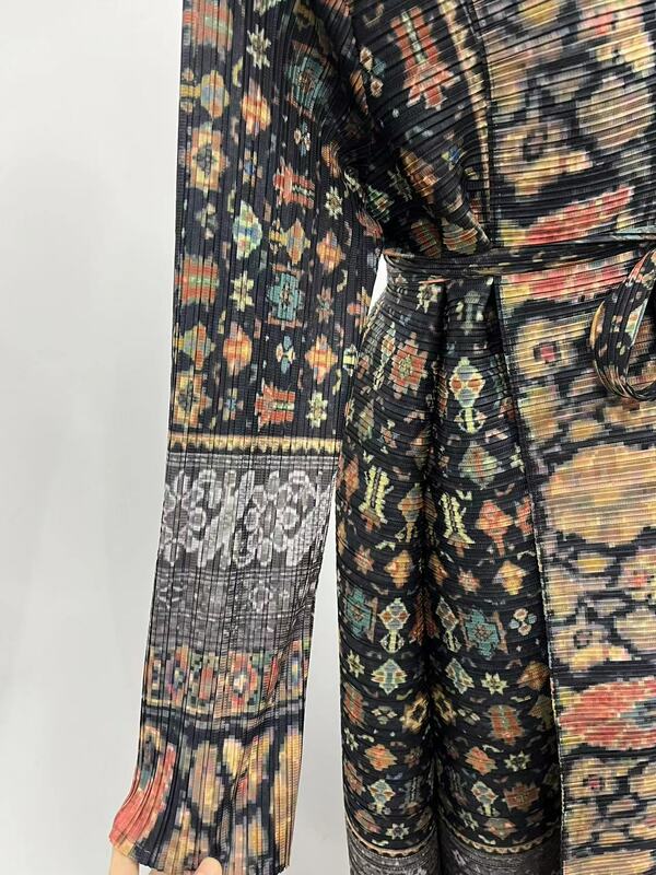 Miyake Pleated Print Foldable Collar Long Sleeved Trench Coat for Women 2024 New Winter Original Designer Fashion Cardigan Dress